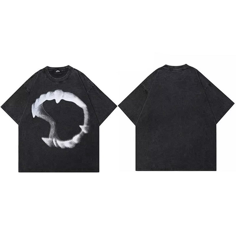 Hip Hop Streetwear Men T-Shirt Oversized Animal Teeth Graphic T Shirt Retro Washed Black Unisex Tshirt Cotton Tops Tees