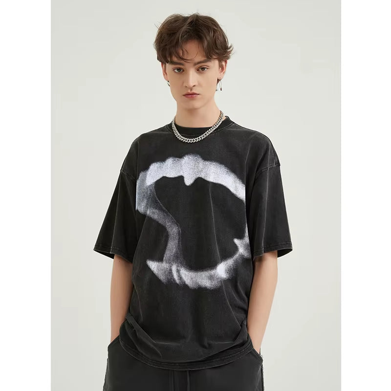 Hip Hop Streetwear Men T-Shirt Oversized Animal Teeth Graphic T Shirt Retro Washed Black Unisex Tshirt Cotton Tops Tees