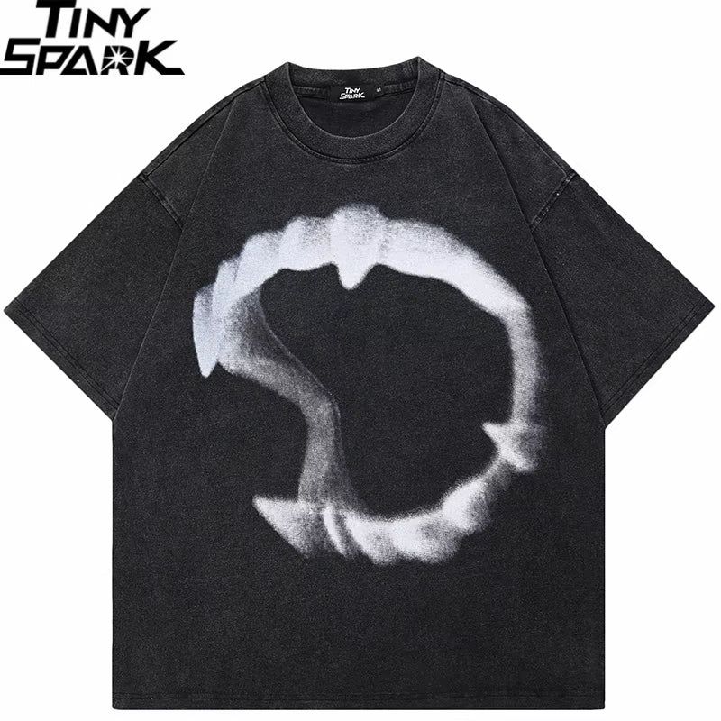 Hip Hop Streetwear Men T-Shirt Oversized Animal Teeth Graphic T Shirt Retro Washed Black Unisex Tshirt Cotton Tops Tees