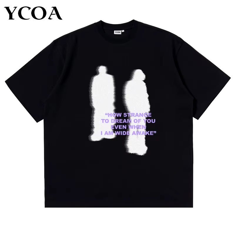 Men T-Shirt Shadow Graphic Cotton Oversized Tops Harajuku Summer Streetwear Korean Fashion Vintage Short Sleeve Tee Y2K Clothing